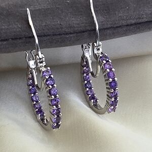 Simulated Amethyst Inside Out Silvertone Hoop Earrings
